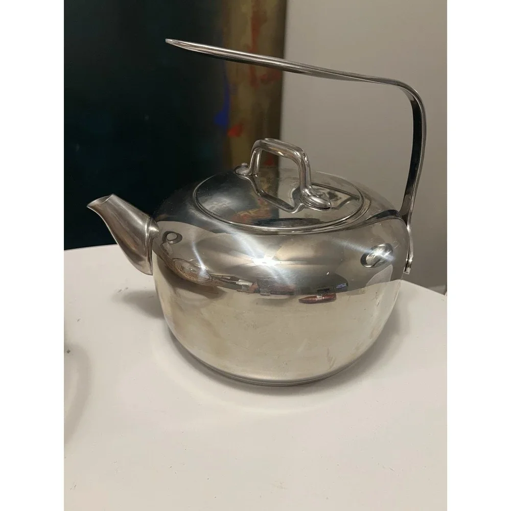 Vtg Lagostina Stainless Steel Stovetop Tea Kettle Dramatic Architecural Handle